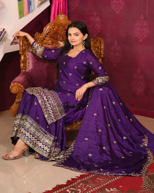 Designer Embroidered Sequins Work Chinon Kurta Suit Set