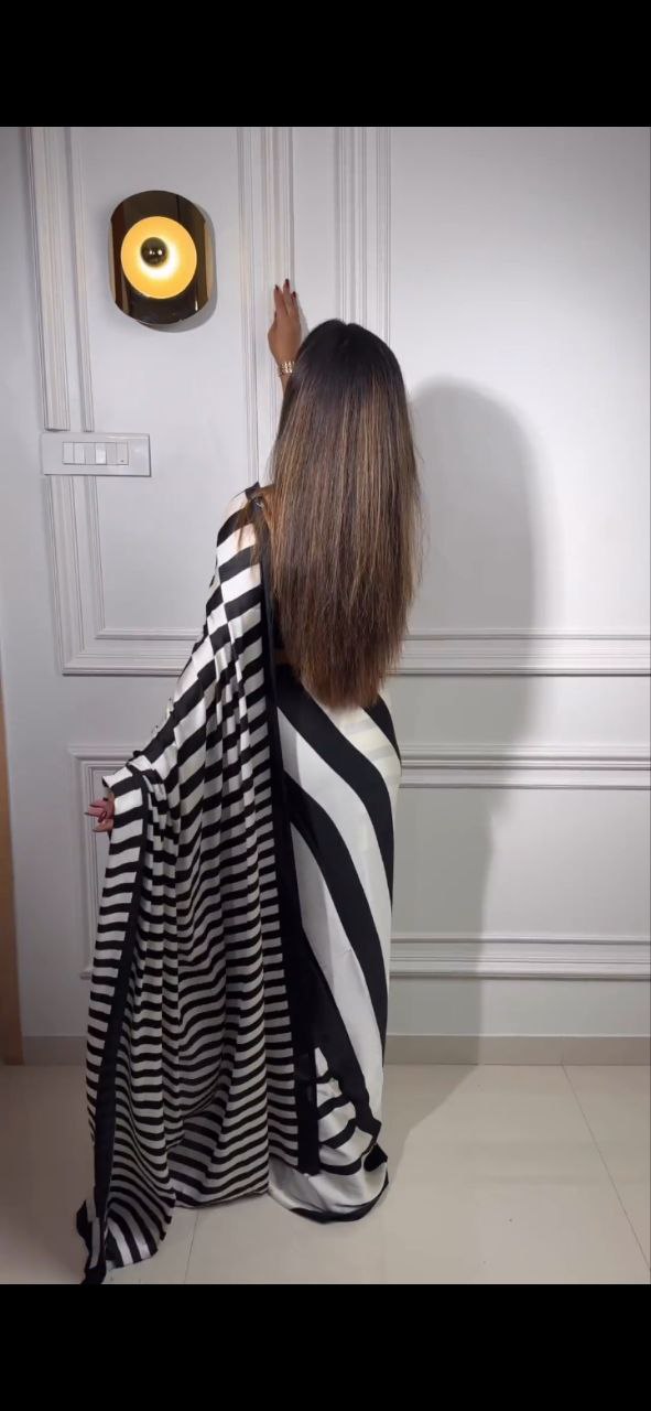 Original Black and White Striped Japan Satin Saree with Stunning Digital Prints