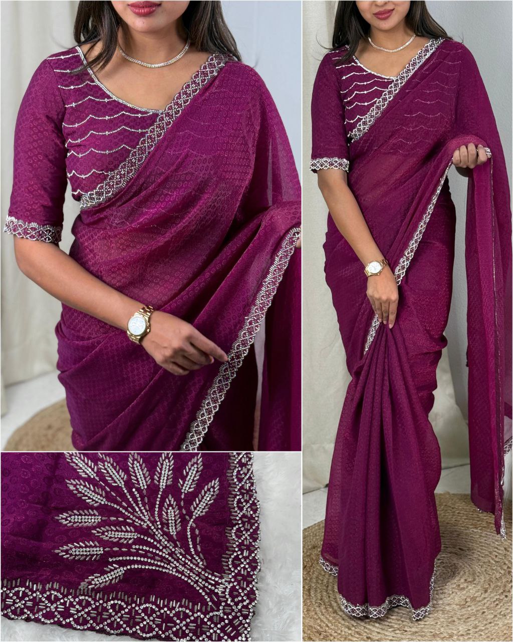 Elegant Two-Tone Fandy Satin Saree with Siroski Work Border and Self-Jacquard Design