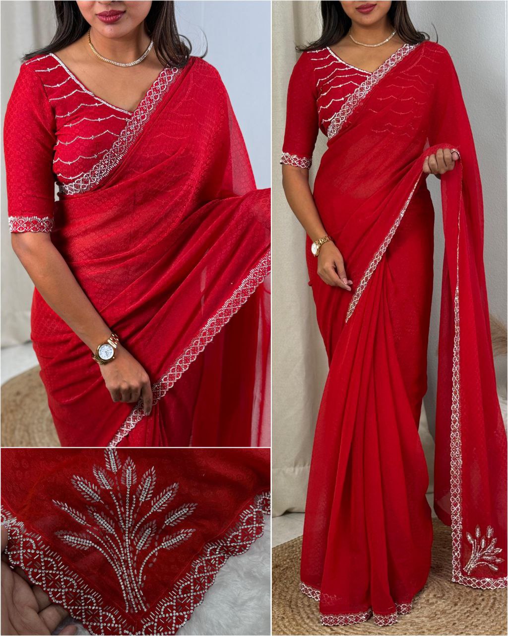 Elegant Two-Tone Fandy Satin Saree with Siroski Work Border and Self-Jacquard Design