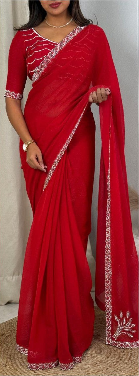 Elegant Two-Tone Fandy Satin Saree with Siroski Work Border and Self-Jacquard Design