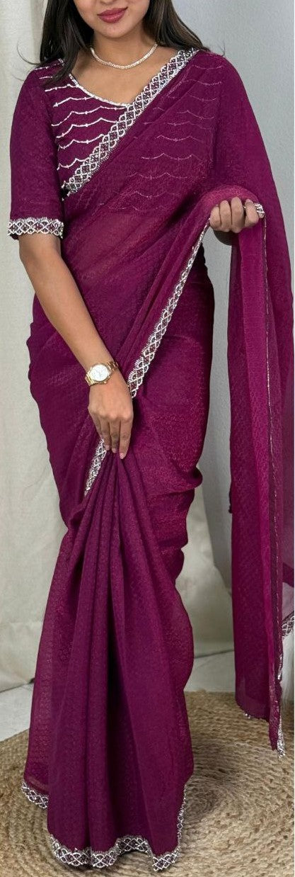 Elegant Two-Tone Fandy Satin Saree with Siroski Work Border and Self-Jacquard Design