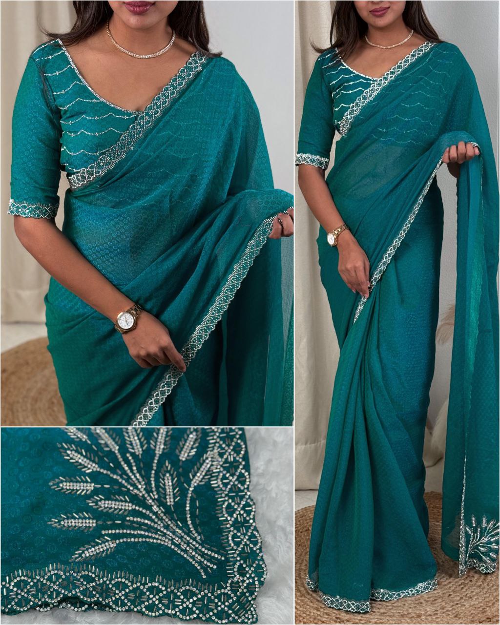 Elegant Two-Tone Fandy Satin Saree with Siroski Work Border and Self-Jacquard Design