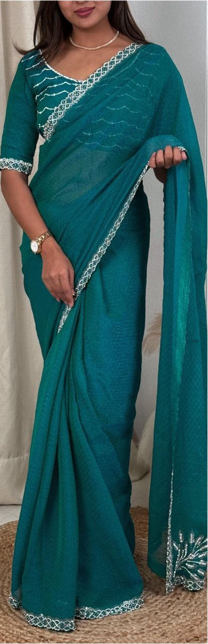 Elegant Two-Tone Fandy Satin Saree with Siroski Work Border and Self-Jacquard Design