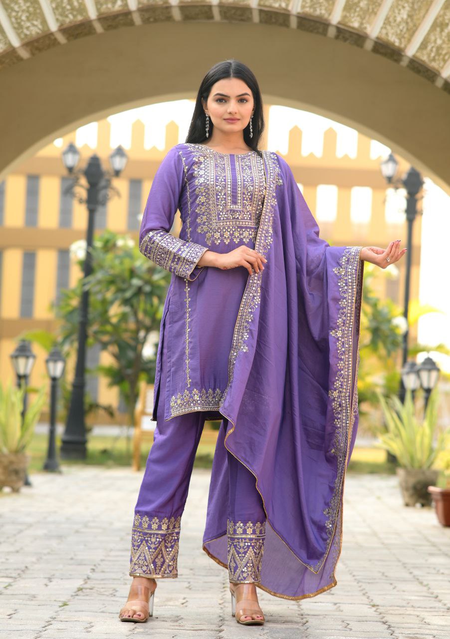 New Designer Embroidered Chinon Kurta Suit with Sequence Work