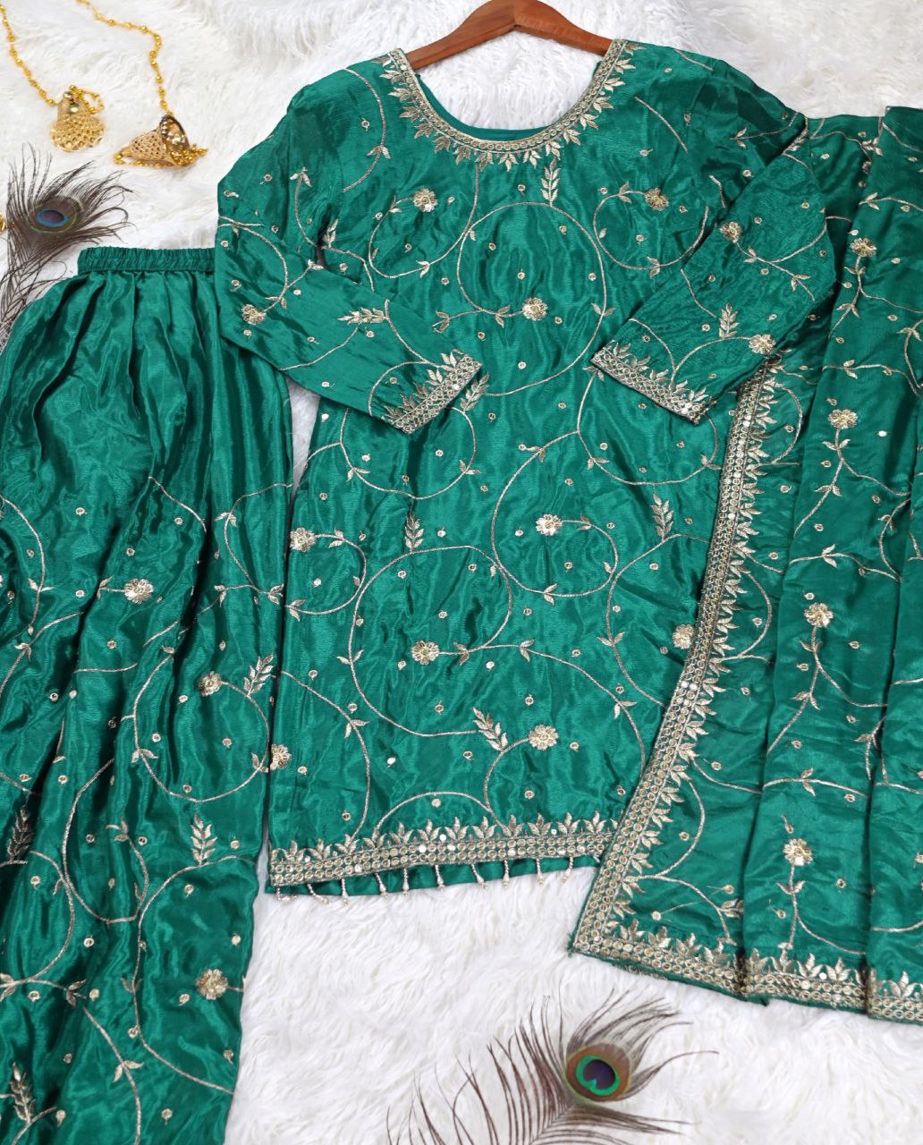 Designer Embroidered Sequence Work Chinon Sharara Suit