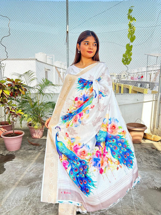 Pure Soft Silk Peacock Printed Saree with Jacquard Border & Zari Work