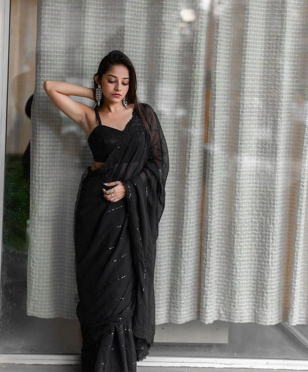 Elegant Black Sequins Thread Work Faux Georgette Saree with Blouse