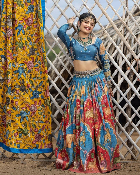 Digital Print Chinnon Silk  Kalamkari Hand Khatali Work Lehenga Choli Set