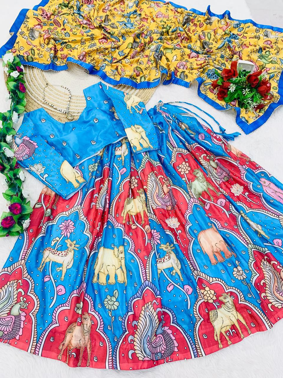 Digital Print Chinnon Silk  Kalamkari Hand Khatali Work Lehenga Choli Set