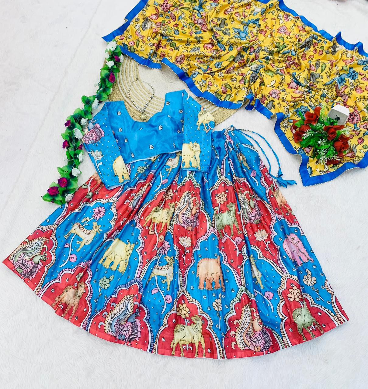 Digital Print Chinnon Silk  Kalamkari Hand Khatali Work Lehenga Choli Set