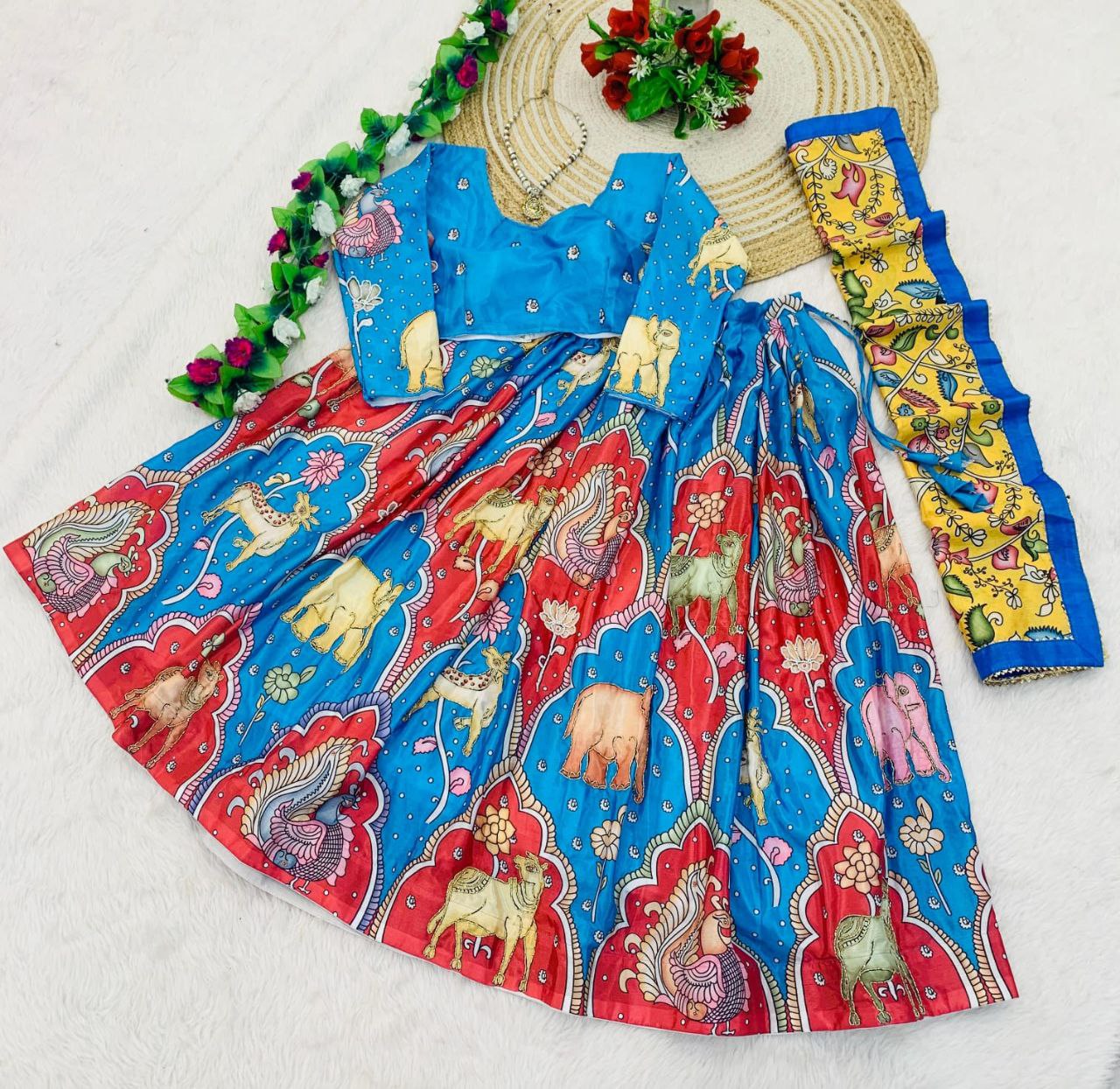 Digital Print Chinnon Silk  Kalamkari Hand Khatali Work Lehenga Choli Set