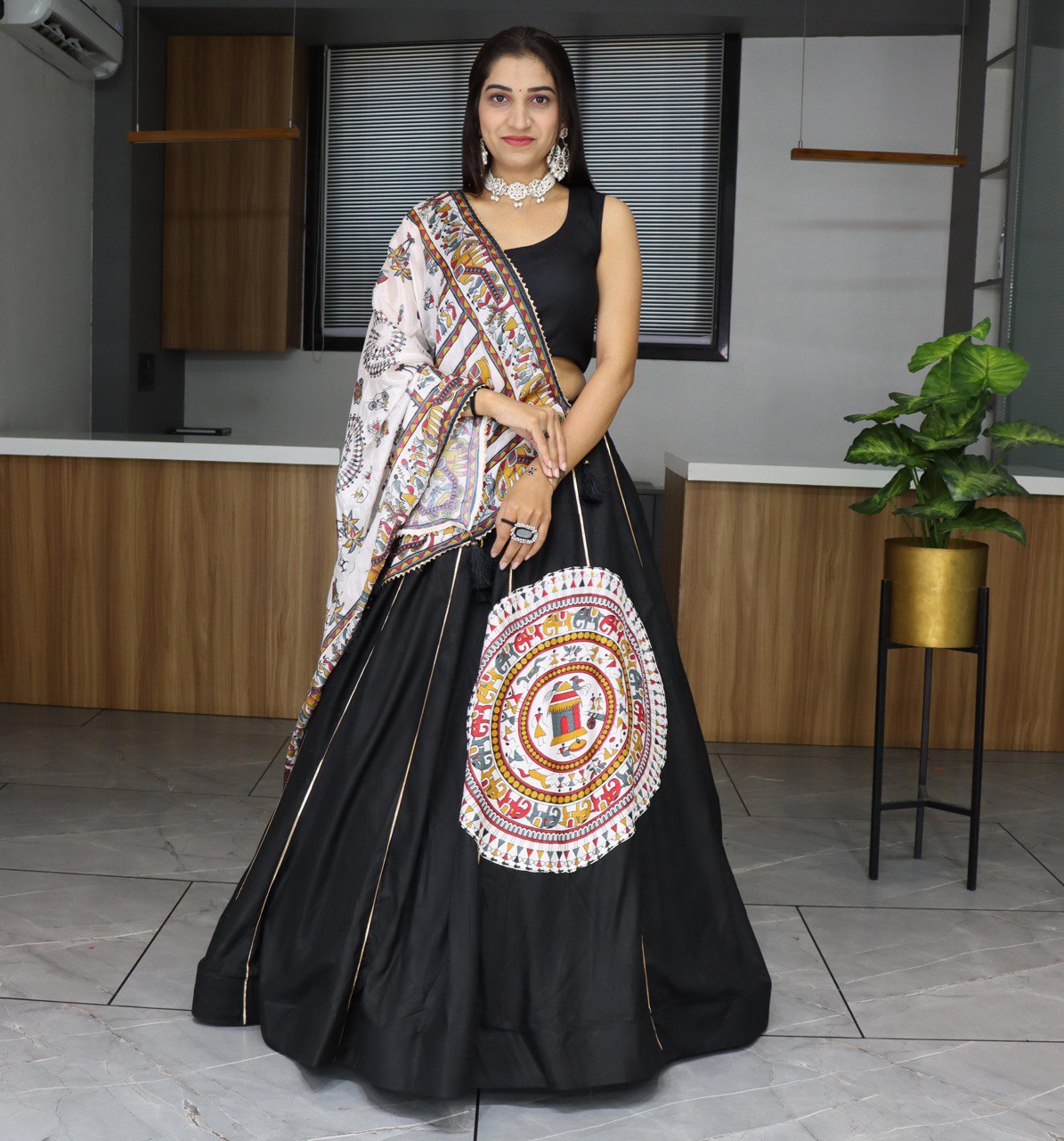 Ethnic Black Rayon Cotton Lehenga Choli With Kalamkari Printed Dupatta