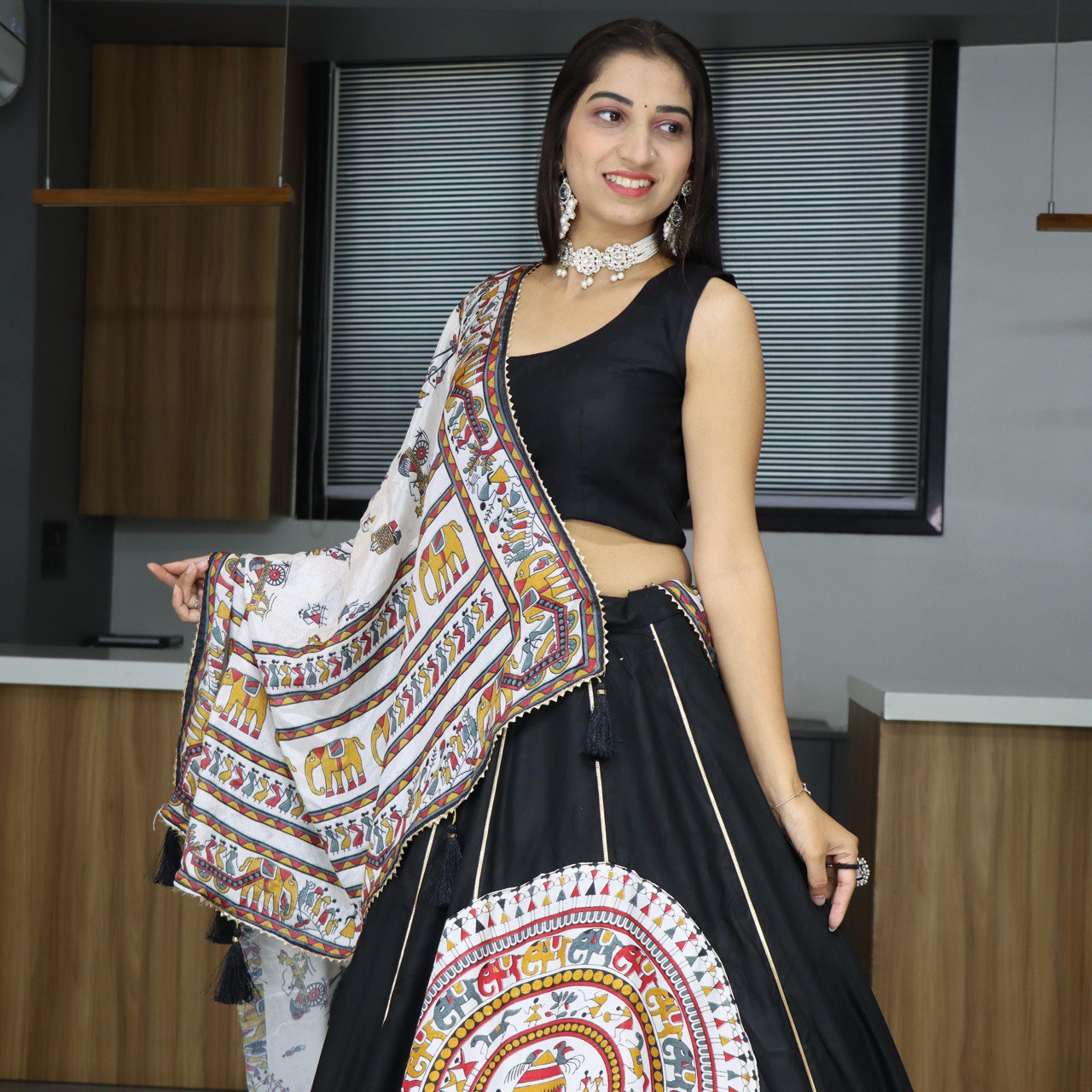 Ethnic Black Rayon Cotton Lehenga Choli With Kalamkari Printed Dupatta