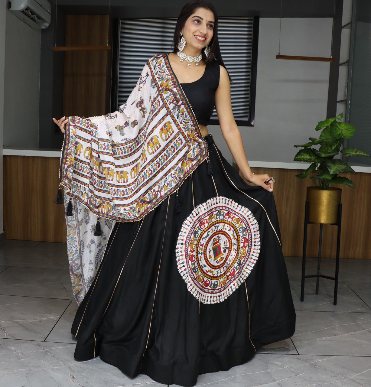 Ethnic Black Rayon Cotton Lehenga Choli With Kalamkari Printed Dupatta