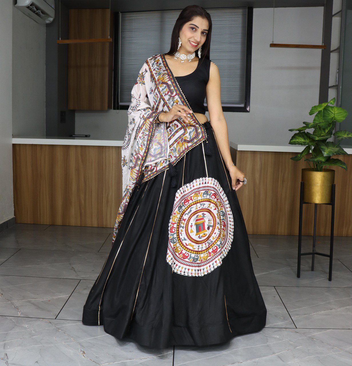 Ethnic Black Rayon Cotton Lehenga Choli With Kalamkari Printed Dupatta