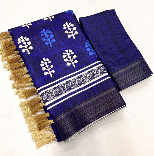 Indigo Blue Batik Print Pure Tussar Slub Silk Zari Border Saree with Blouse