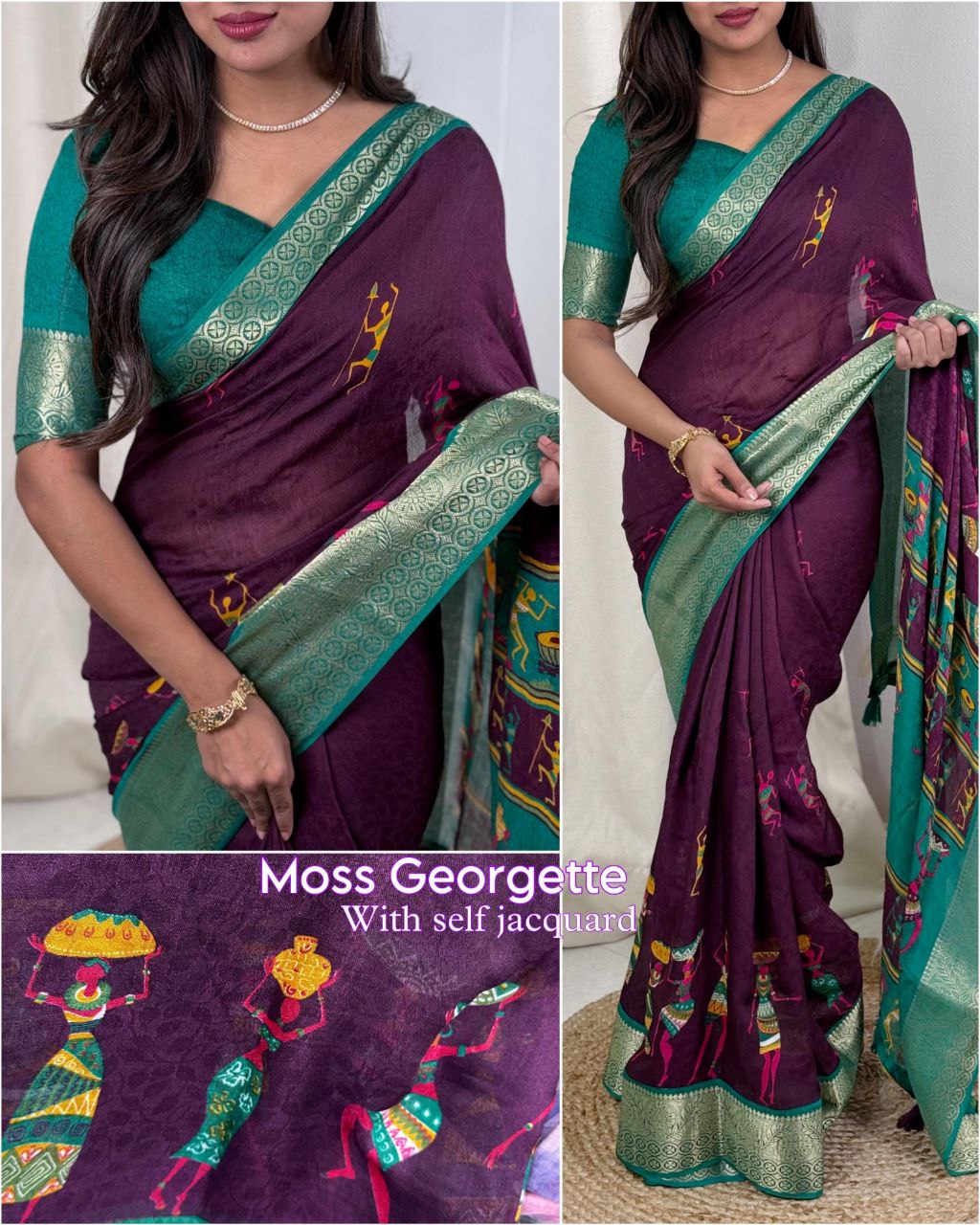 Women's Self-Jacquard and Zari Border Kalamkari Printed Pure Georgette Moss Saree  with Blouse