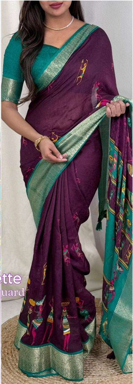 Women's Self-Jacquard and Zari Border Kalamkari Printed Pure Georgette Moss Saree  with Blouse