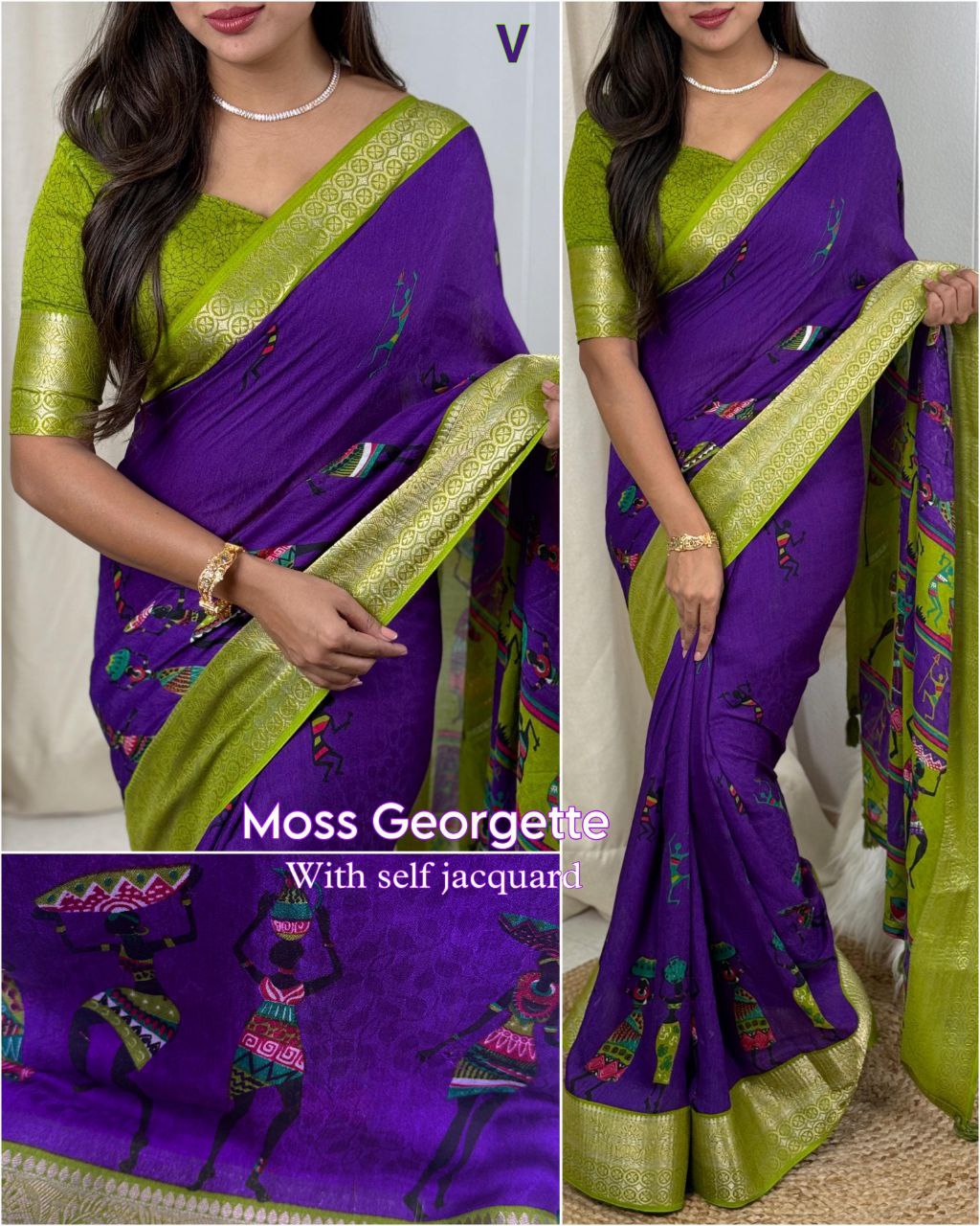 Women's Self-Jacquard and Zari Border Kalamkari Printed Pure Georgette Moss Saree  with Blouse