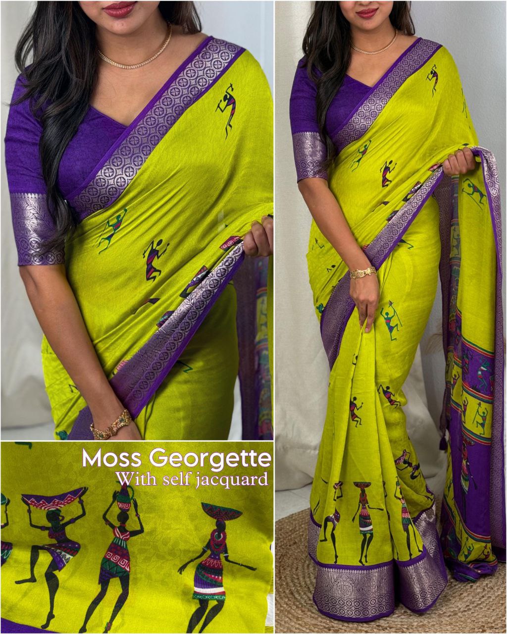 Women's Self-Jacquard and Zari Border Kalamkari Printed Pure Georgette Moss Saree  with Blouse