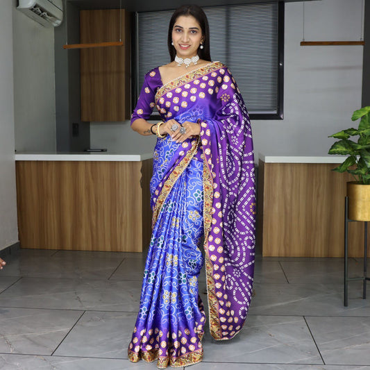 Pure Pearl Lace Border Japan Satin Bandhni Print Saree with Blouse