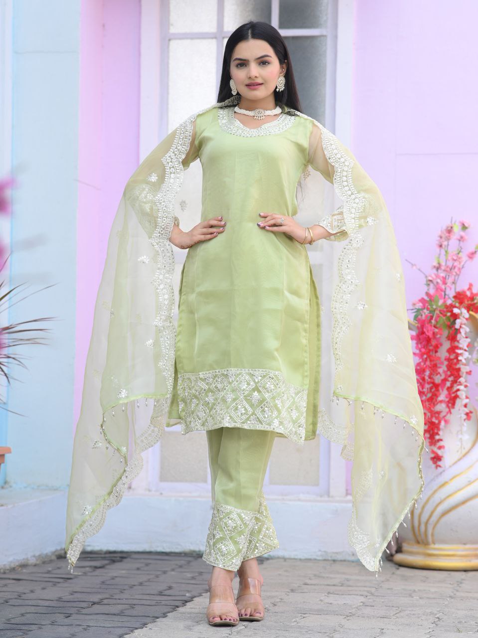 Designer Embroidered Sequence Work Organza Kurta Suit Set