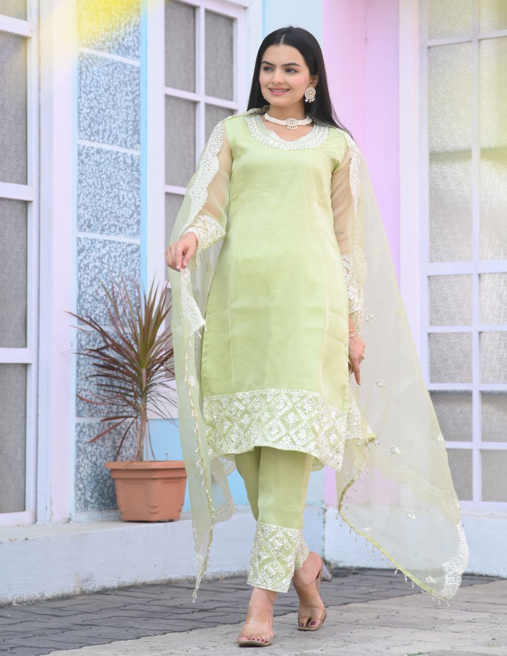 Designer Embroidered Sequence Work Organza Kurta Suit Set