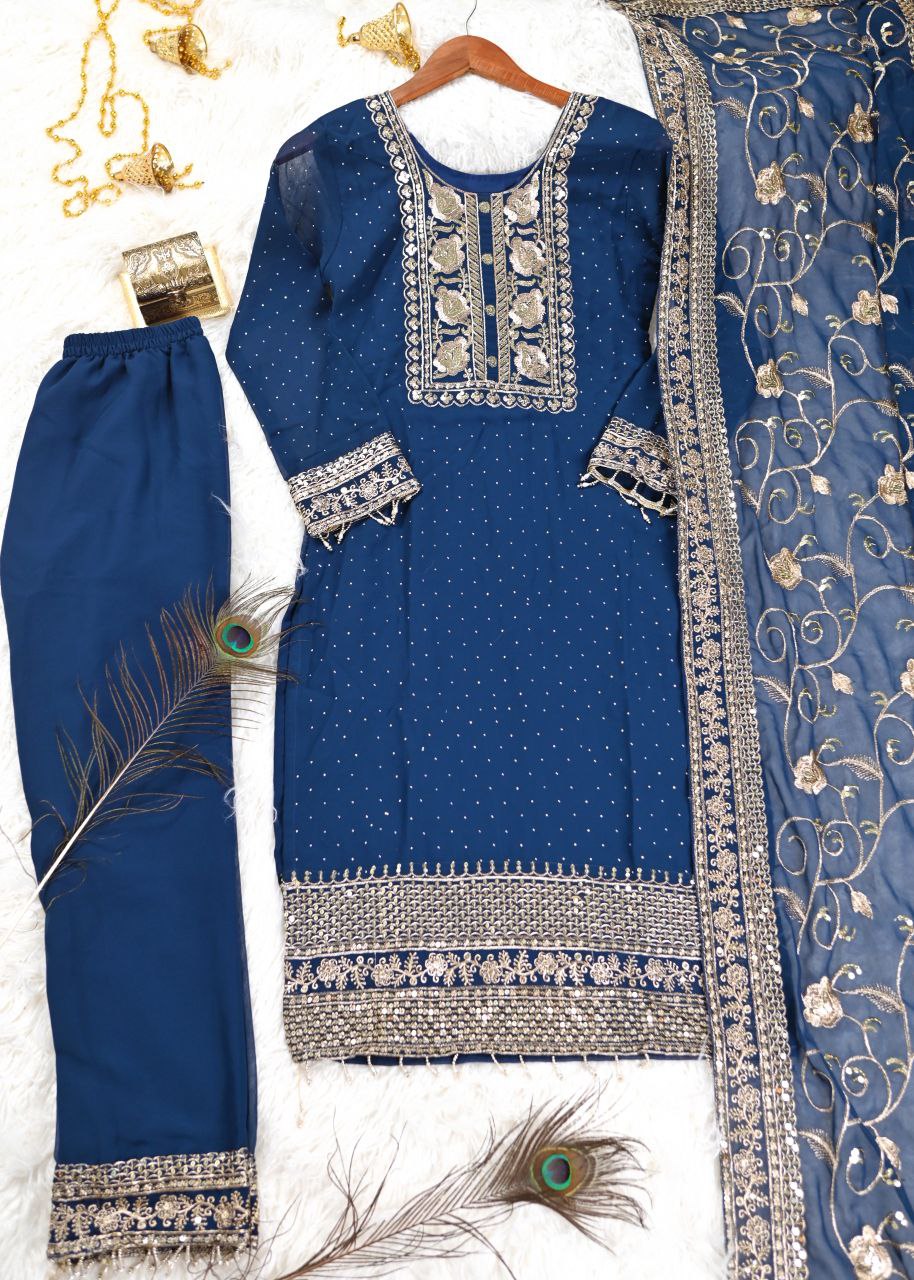 New Designer Stone & Sequence Embroidered Work Fox Georgette Kurta Suit Set