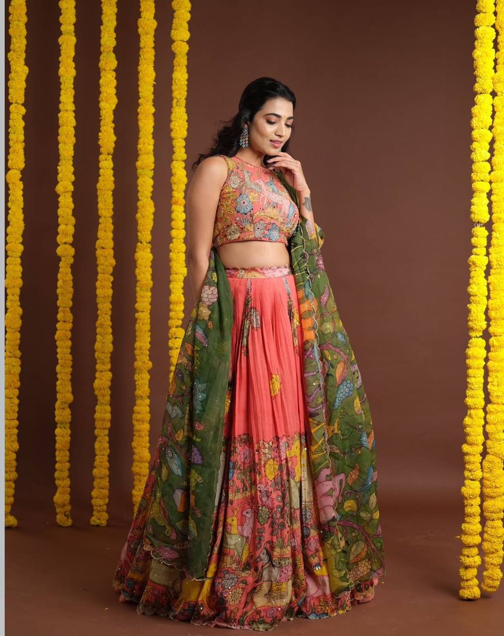 Traditional Kalamkari Print Cotton Lehenga Choli Set with Dupatta