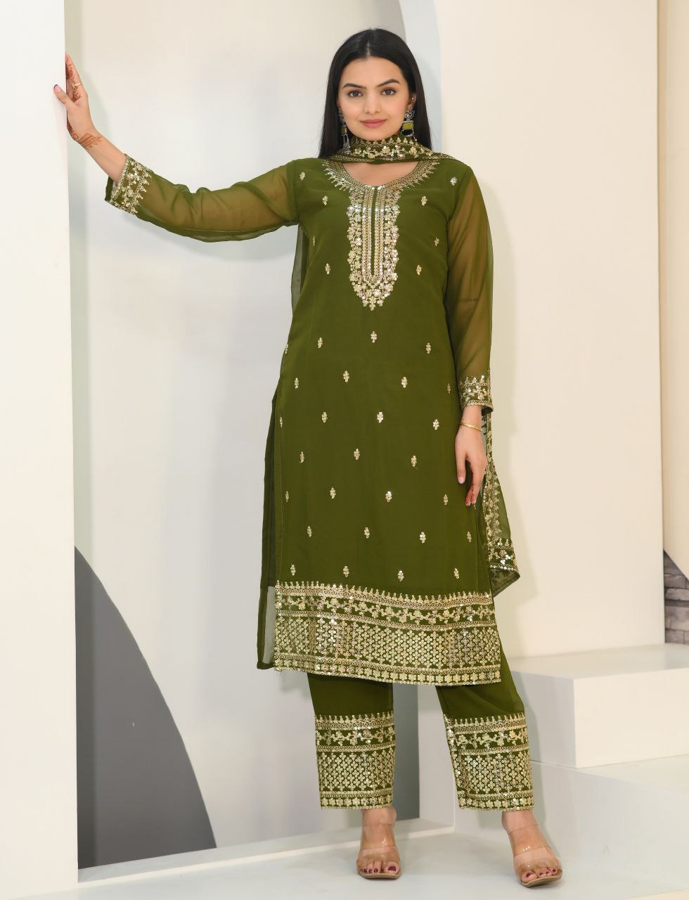 New Designer Embroidered Sequence Work Fox Georgette Kurta Suit Set