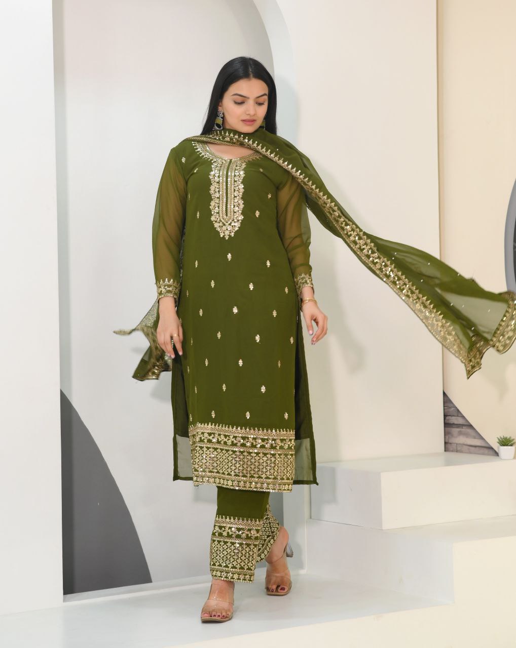 New Designer Embroidered Sequence Work Fox Georgette Kurta Suit Set