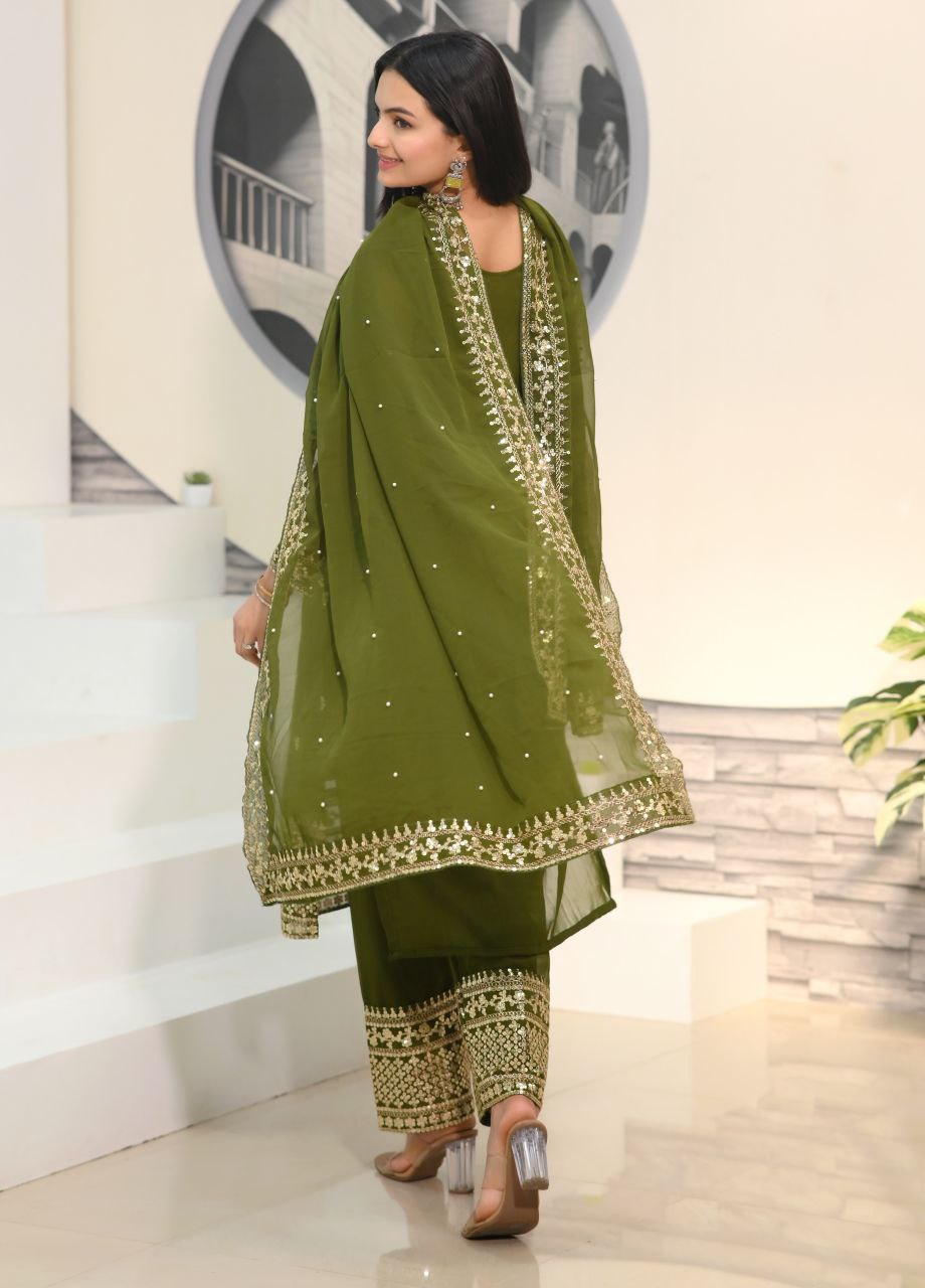 New Designer Embroidered Sequence Work Fox Georgette Kurta Suit Set