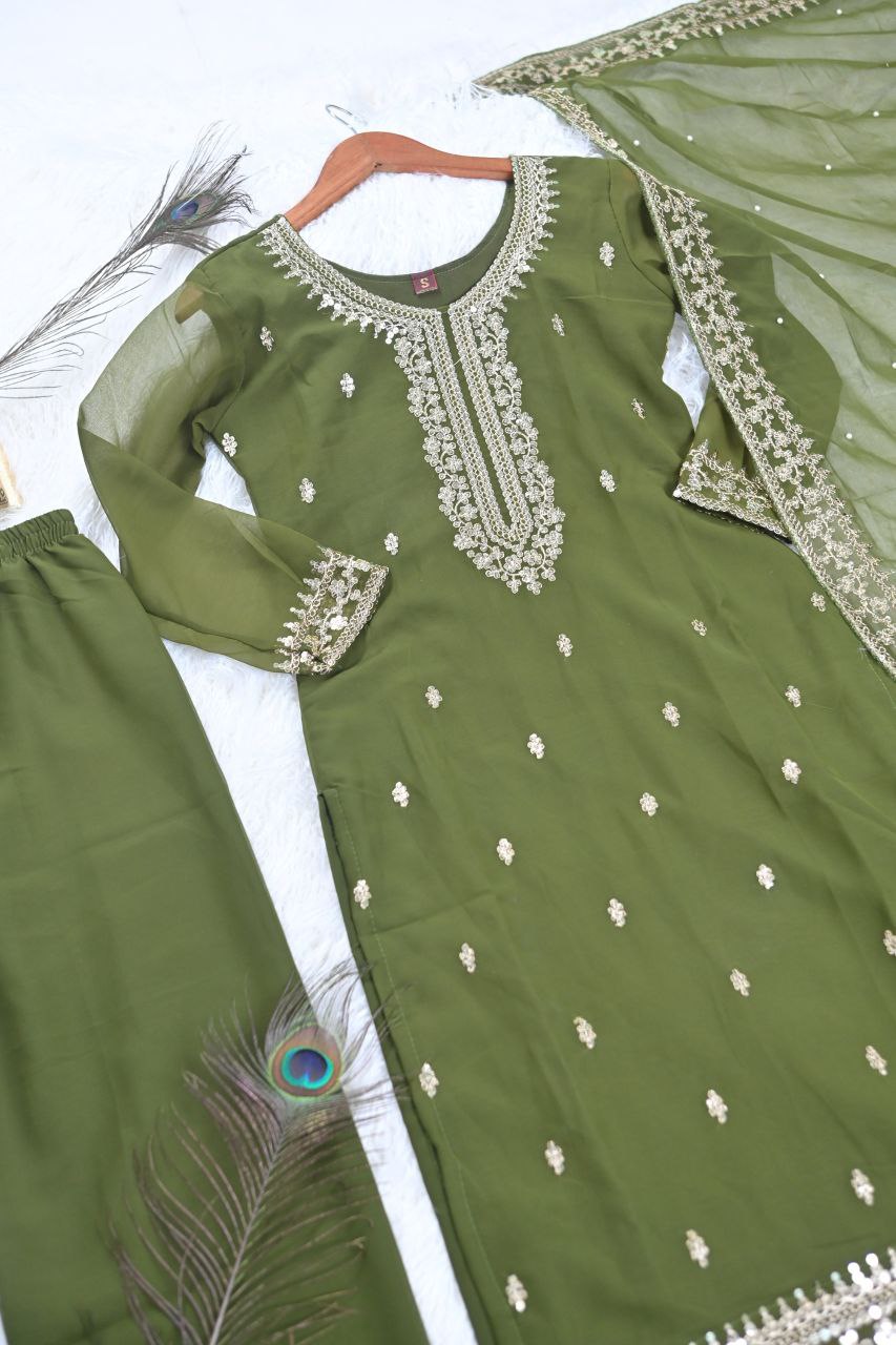 New Designer Embroidered Sequence Work Fox Georgette Kurta Suit Set