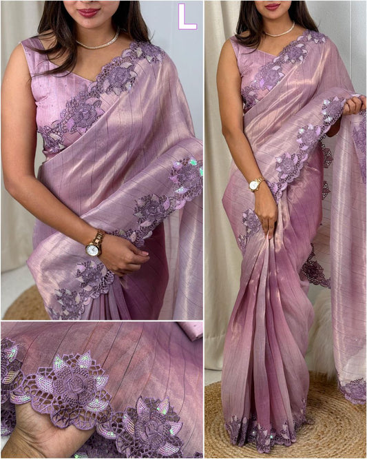 Partywear Taspa Silk Saree with Matte Sequin and Cutwork Design