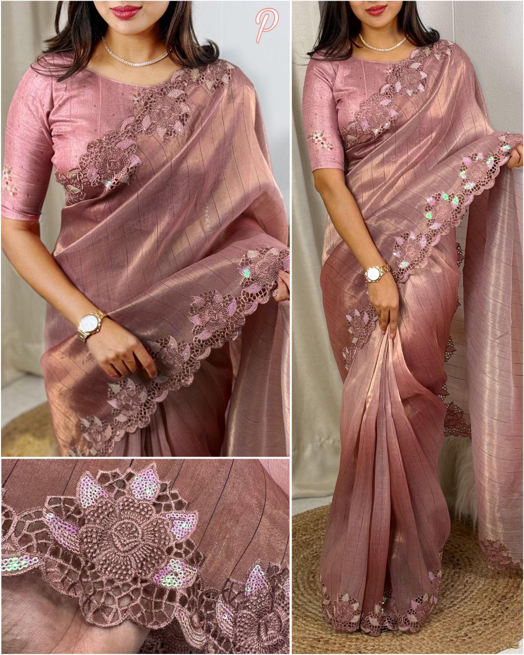 Partywear Taspa Silk Saree with Matte Sequin and Cutwork Design