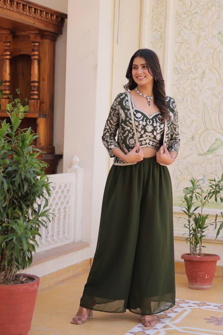 Heavy Embroidery Fox Georgette Festival Jacket & Palazzo with Choli Set