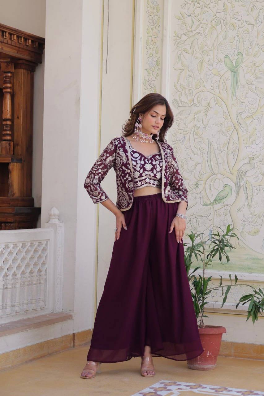 Heavy Embroidery Fox Georgette Festival Jacket & Palazzo with Choli Set