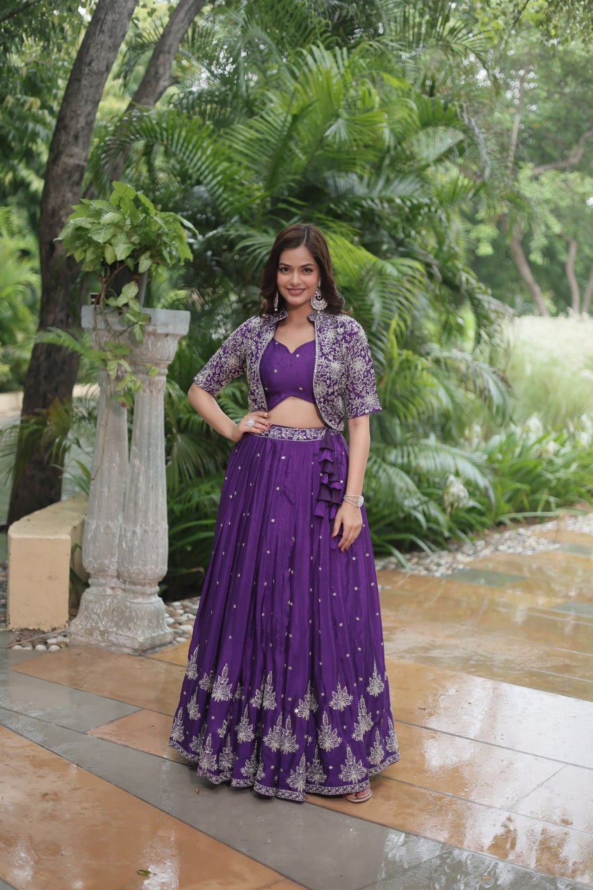 Premium Readymade Purple Embroidered Pure Chinon Lehenga Choli with Jacket (Koti)