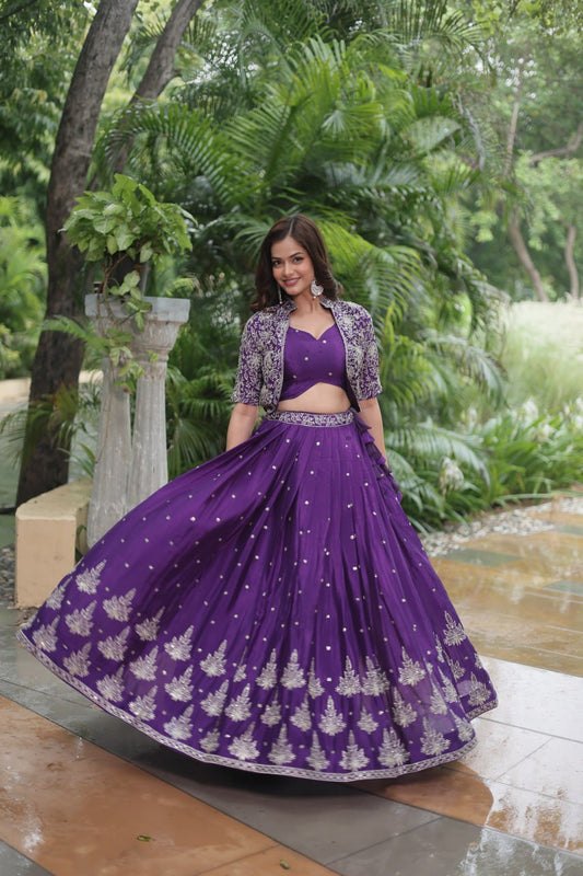 Premium Readymade Purple Embroidered Pure Chinon Lehenga Choli with Jacket (Koti)