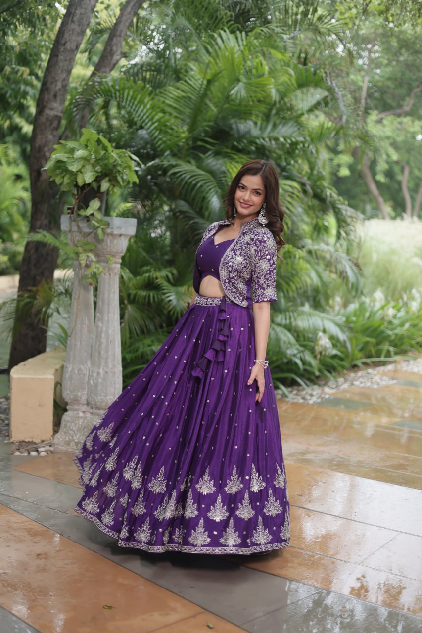 Premium Readymade Purple Embroidered Pure Chinon Lehenga Choli with Jacket (Koti)