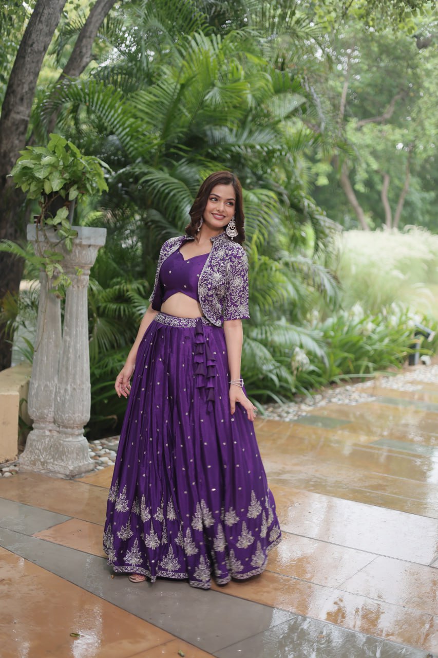 Premium Readymade Purple Embroidered Pure Chinon Lehenga Choli with Jacket (Koti)