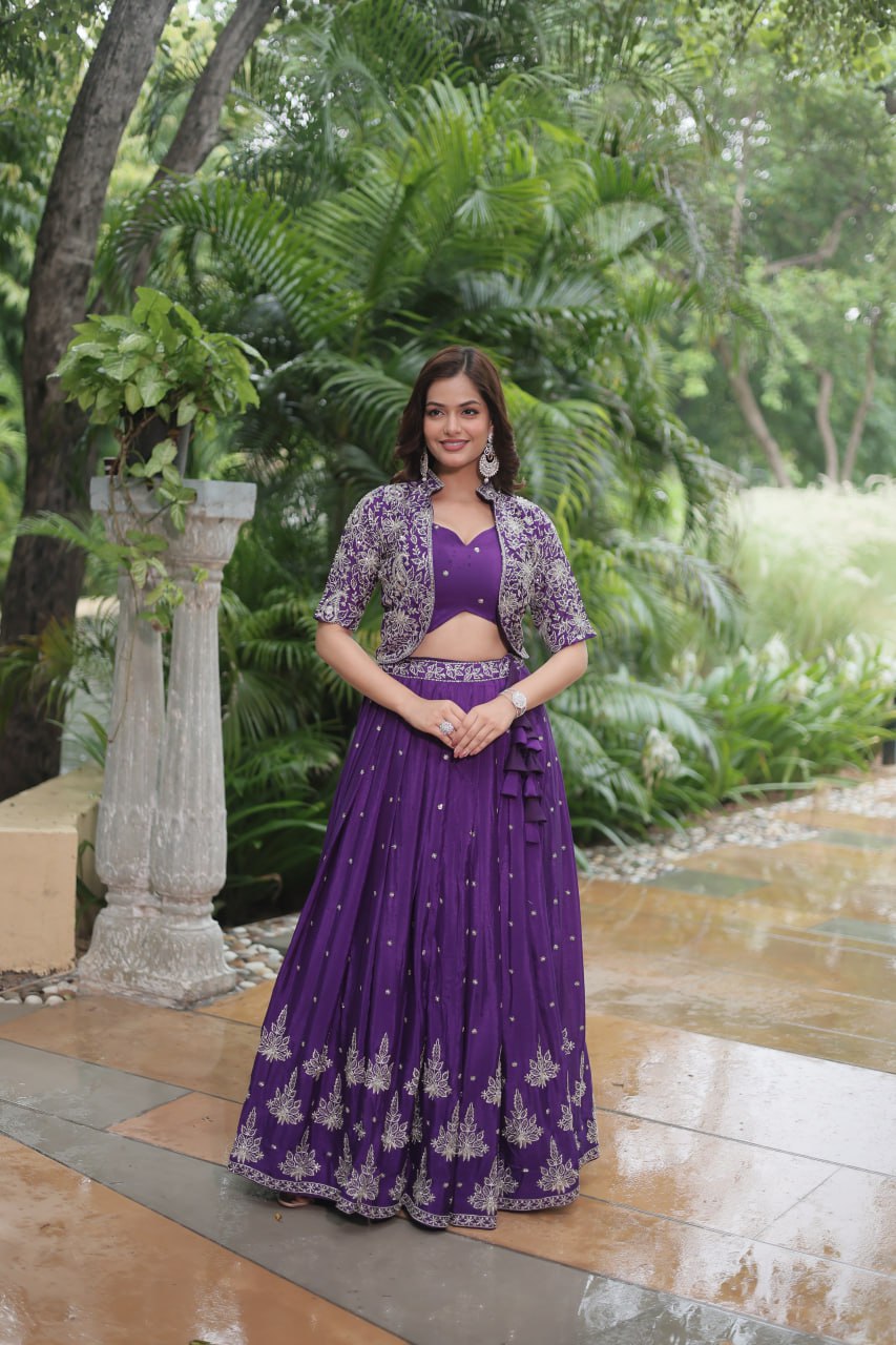 Premium Readymade Purple Embroidered Pure Chinon Lehenga Choli with Jacket (Koti)