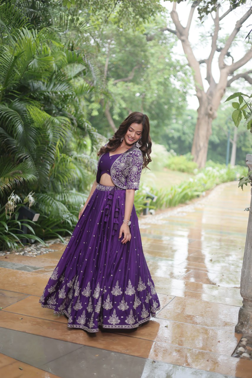 Premium Readymade Purple Embroidered Pure Chinon Lehenga Choli with Jacket (Koti)