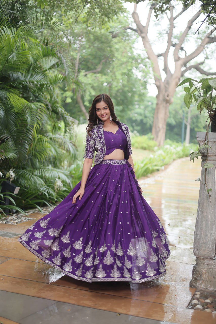 Premium Readymade Purple Embroidered Pure Chinon Lehenga Choli with Jacket (Koti)