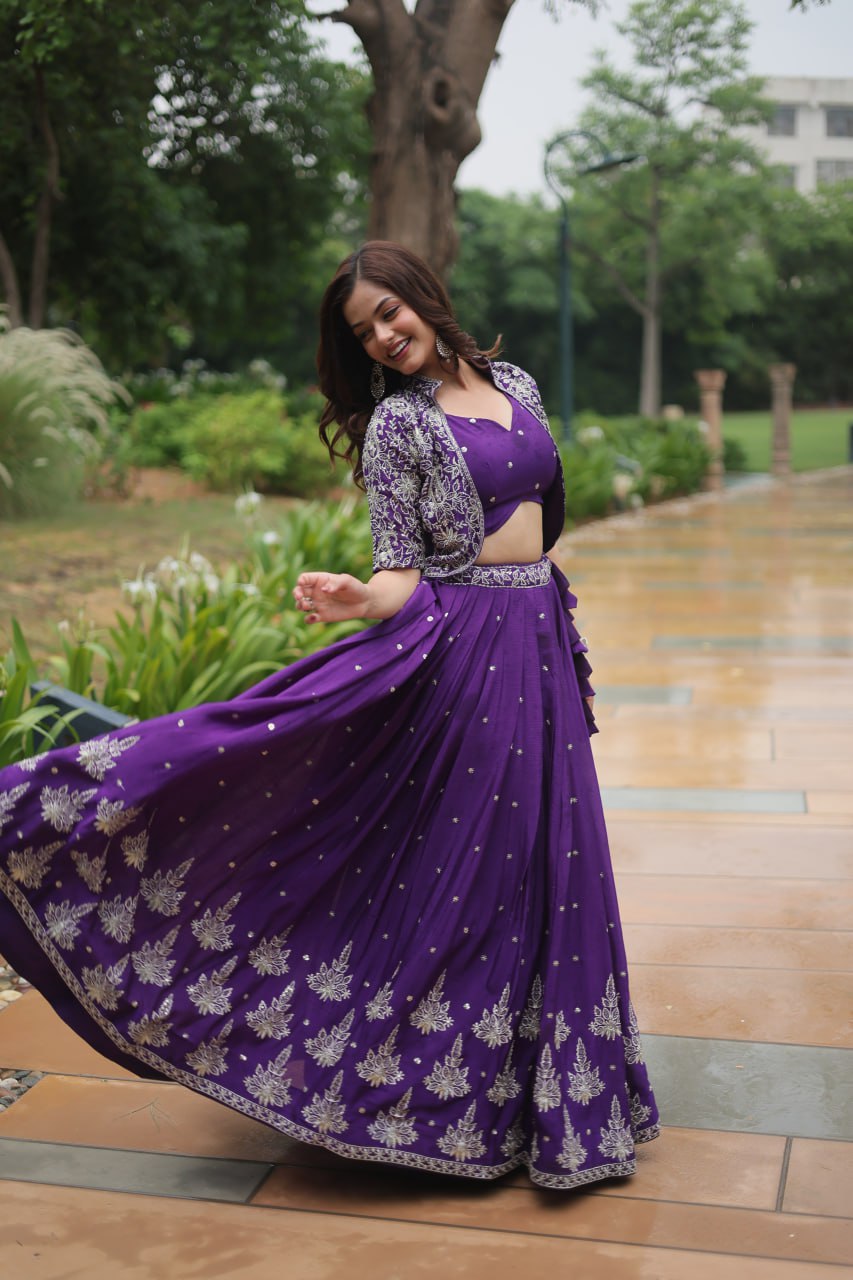 Premium Readymade Purple Embroidered Pure Chinon Lehenga Choli with Jacket (Koti)