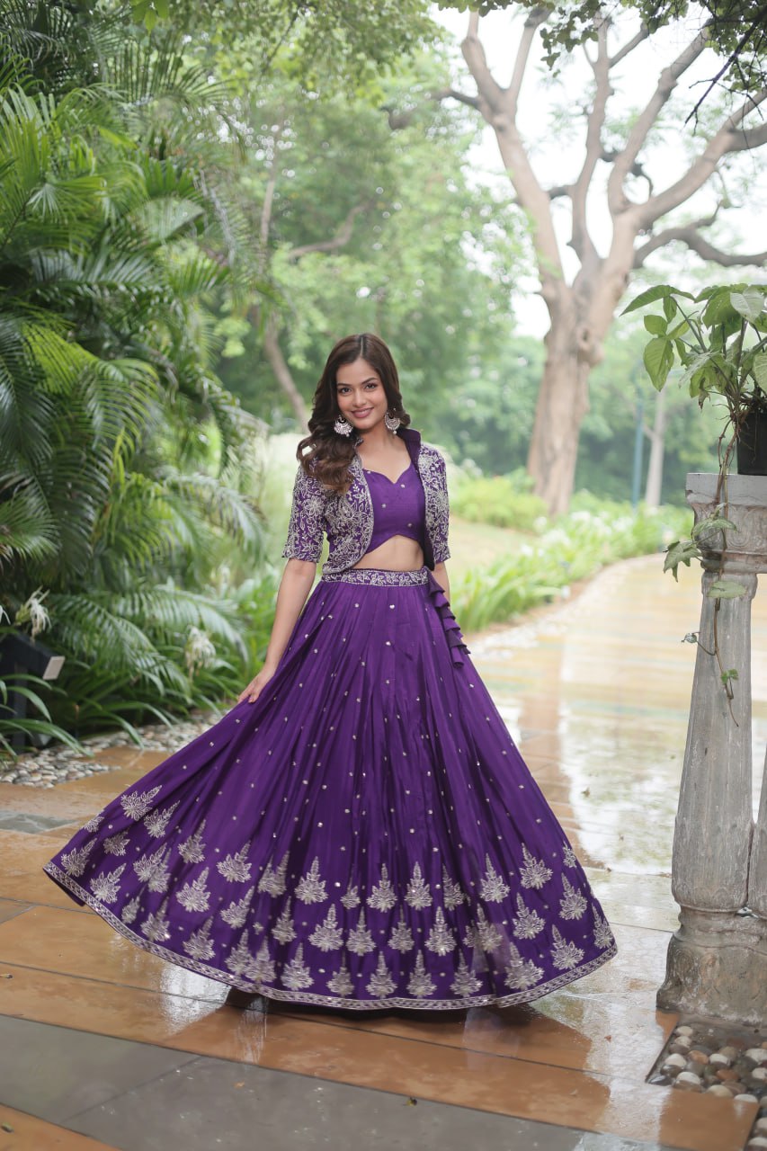 Premium Readymade Purple Embroidered Pure Chinon Lehenga Choli with Jacket (Koti)