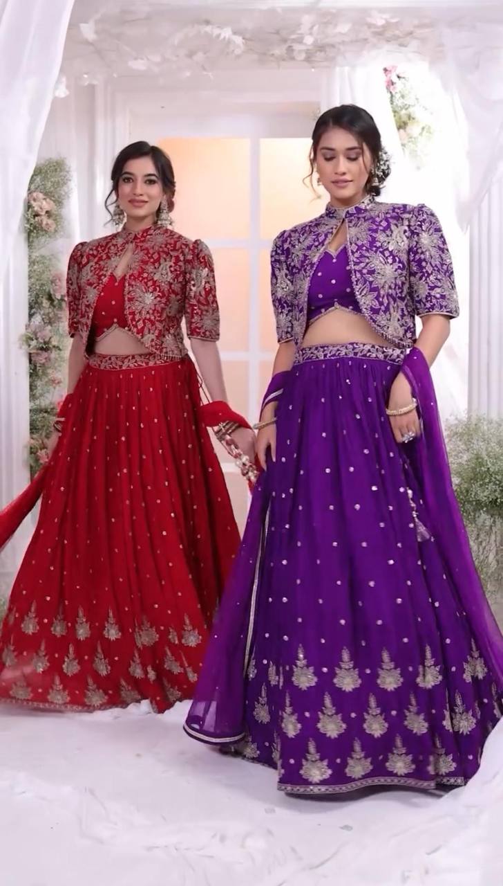 New Designer Wedding Wear Crop Top Embroidery Work Lehenga Choli with Jacket