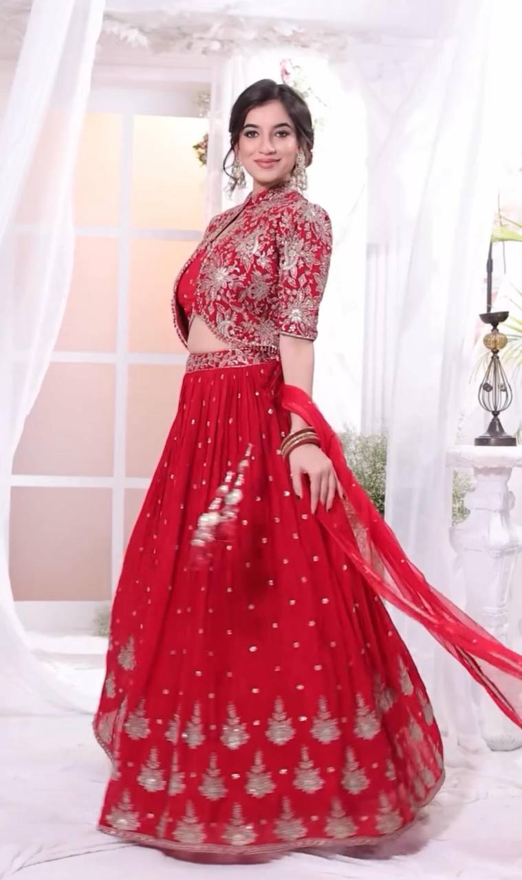 New Designer Wedding Wear Crop Top Embroidery Work Lehenga Choli with Jacket