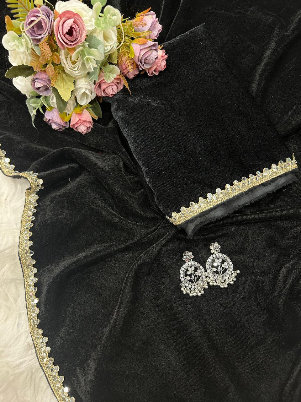 Smooth Velvet Mirror Work Saree with Lace Border and Velvet Blouse